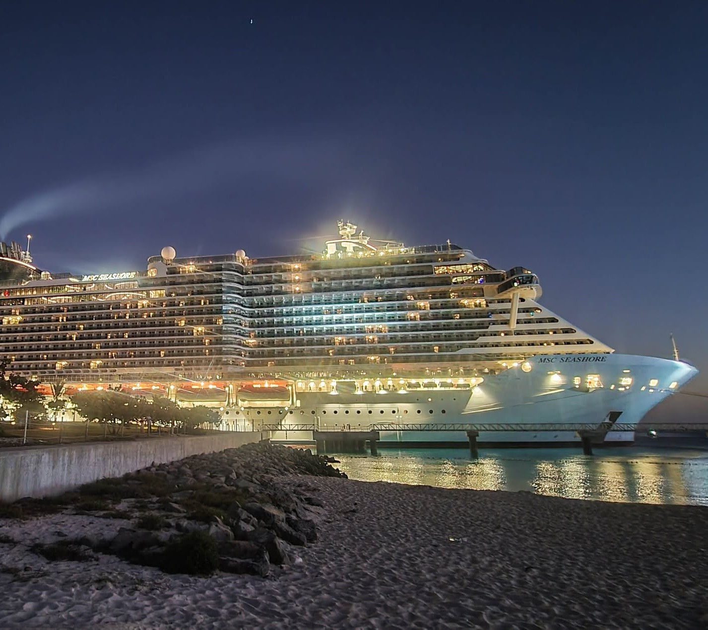 MSC Seashore cruise ship docked at night